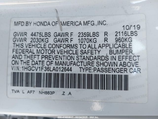 1HGCV1F36LA012644 Honda Accord Sport