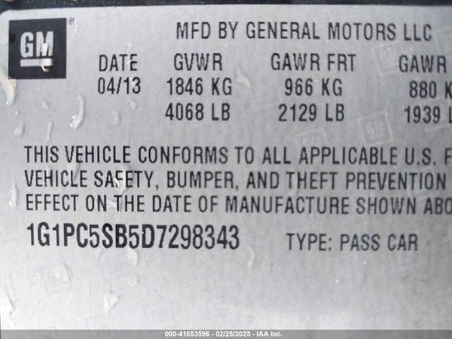 41653596 :رقم المزاد ، 1G1PC5SB5D7298343 vin ، 2013 Chevrolet Cruze 1lt Auto مزاد بيع