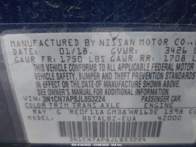 3N1CN7AP8JL853224 Nissan Versa 1.6 Sv