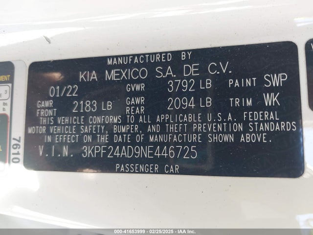 3KPF24AD9NE446725 KIA Forte Lxs