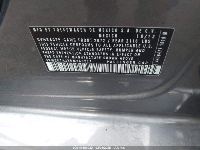 Aukcja sprzedaży 2013 Volkswagen Jetta 2.0l S, vin: 3VW2K7AJXDM240224, numer aukcji: 41654032