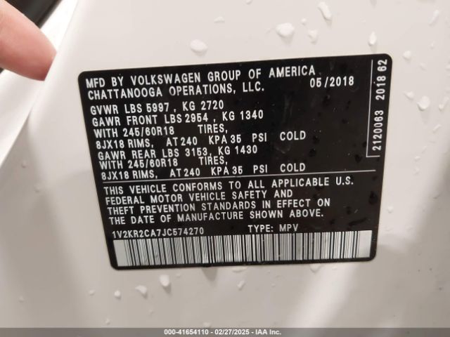 1V2KR2CA7JC574270 Volkswagen Atlas 3.6l V6 Se