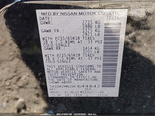 5N1DR2MN2HC644842 Nissan Pathfinder Sl