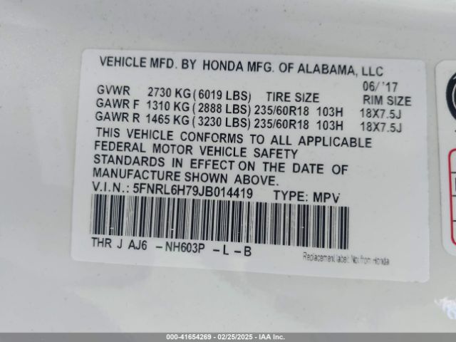 5FNRL6H79JB014419 Honda Odyssey Ex-l