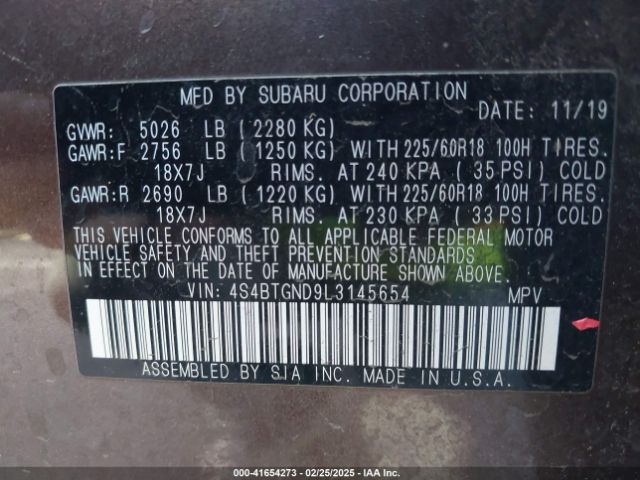 2020 SUBARU OUTBACK 4S4BTGND9L3145654 Photo 8