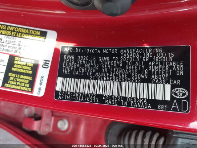 2T1BURHE9GC525253 Toyota Corolla L/le/le Pls/prm/s/s Pls