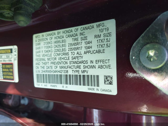 2HKRW5H34KH421338 Honda CR-V LX