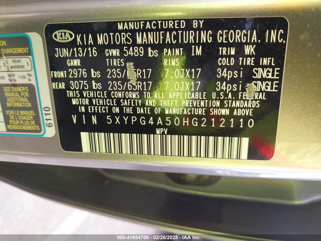 5XYPG4A50HG212110 KIA Sorento 3.3l Lx