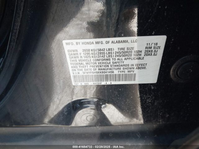 5FNYF6H9XKB041456 Honda Pilot Touring