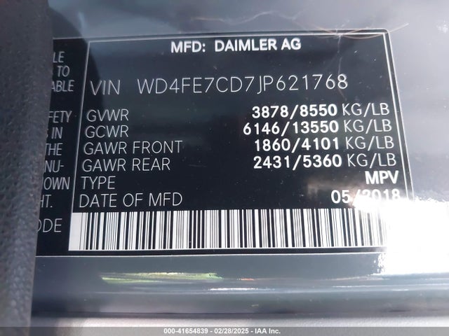 41654839 :رقم المزاد ، WD4FE7CD7JP621768 vin ، 2018 Mercedes-benz Sprinter 2500 Standard Roof V6 مزاد بيع