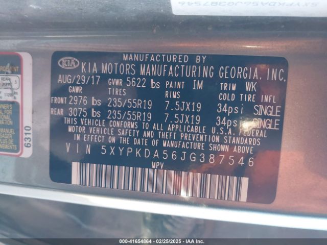 5XYPKDA56JG387546 KIA Sorento 3.3l Sxl