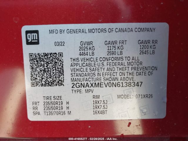 2GNAXMEV0N6138347 Chevrolet Equinox Fwd Rs