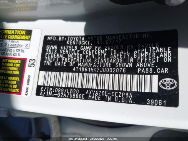 4T1B61HK7JU002076 Toyota CAMRY XSE