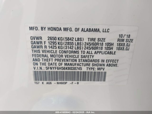 5FNYF6H56KB038745 Honda Pilot Ex-l