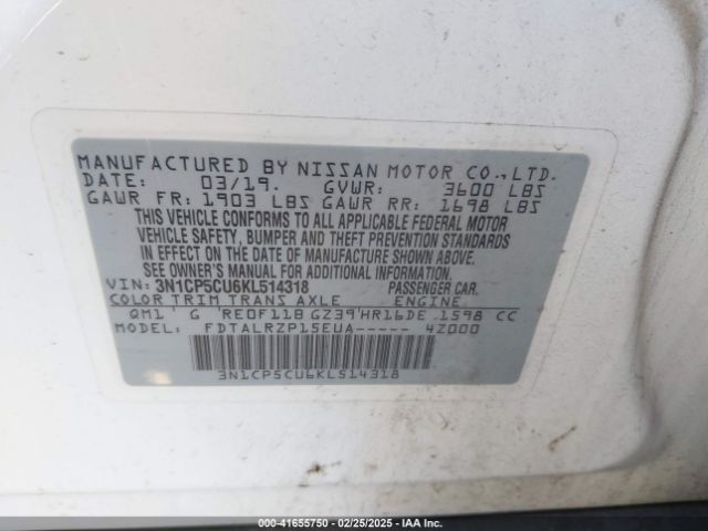 3N1CP5CU6KL514318 Nissan KICKS S
