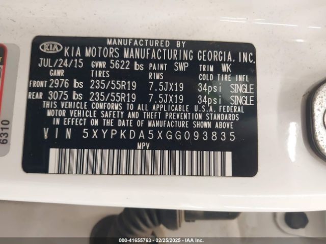 5XYPKDA5XGG093835 KIA Sorento 3.3l Sxl