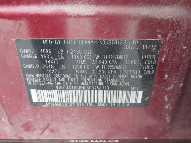 4S4BSBNC8F3258173 Subaru Outback 2.5i Limited