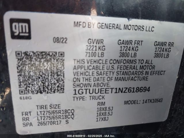 1GTUUEET1NZ618694 GMC Sierra 1500 4wd  Short Box At4