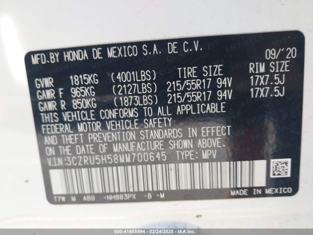 3CZRU5H58MM700645 Honda Hr-v 2wd Ex