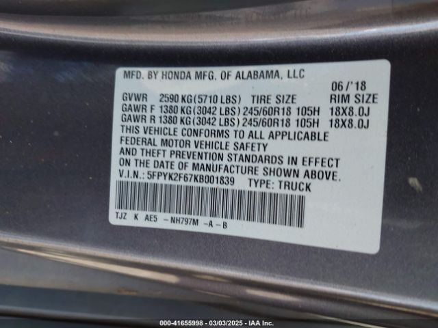 5FPYK2F67KB001839 Honda Ridgeline Rtl-t