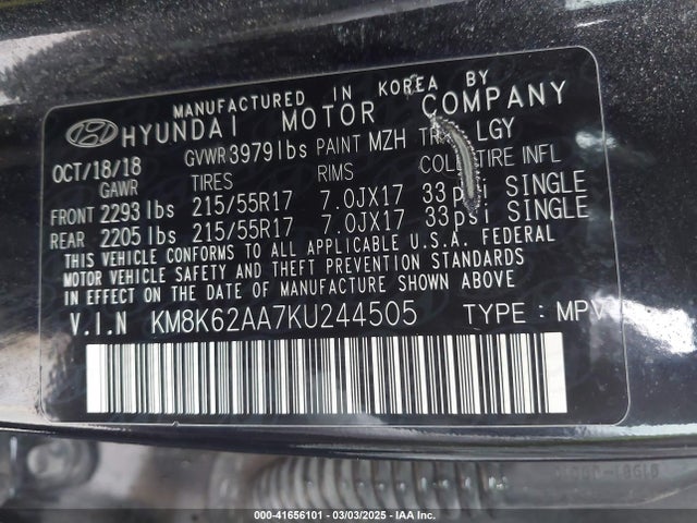 KM8K62AA7KU244505 Hyundai Kona Sel