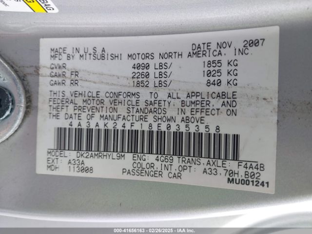 2008 MITSUBISHI ECLIPSE 4A3AK24F18E035358 Photo 8