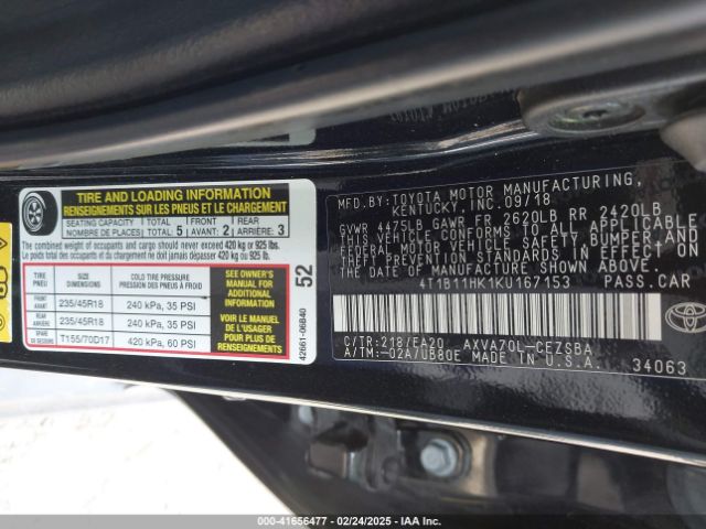4T1B11HK1KU167153 Toyota CAMRY SE