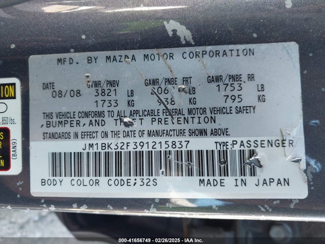 Aukcja sprzedaży 2009 Mazda Mazda3 I, vin: JM1BK32F391215837, numer aukcji: 41656749