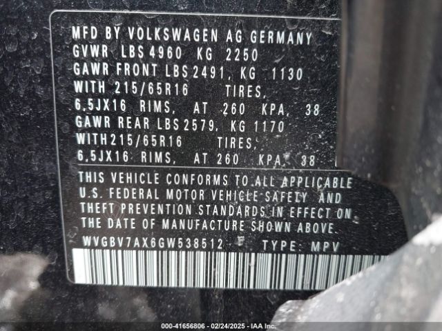 WVGBV7AX6GW538512 Volkswagen TIGUAN S