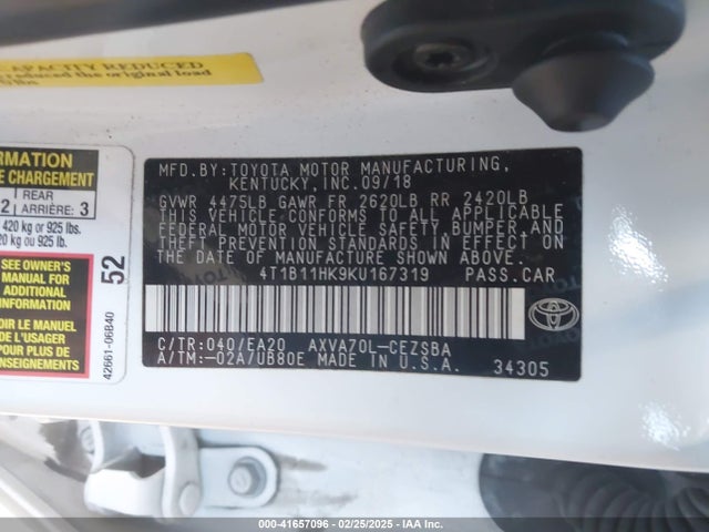 4T1B11HK9KU167319 Toyota CAMRY SE