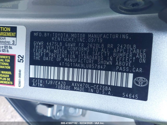 4T1G11AK9LU857847 Toyota CAMRY SE