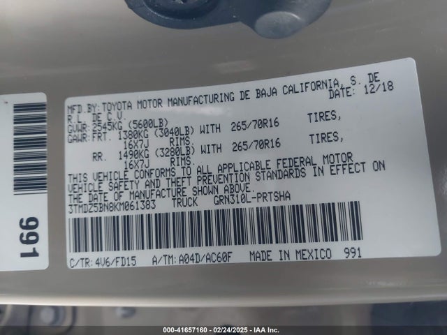 Продаж на аукціоні авто 2019 Toyota Tacoma Trd Off Road, vin: 3TMDZ5BN8KM061383, номер лоту: 41657160