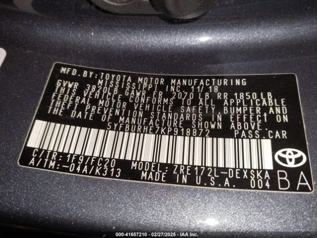 5YFBURHE7KP918872 Toyota COROLLA SE