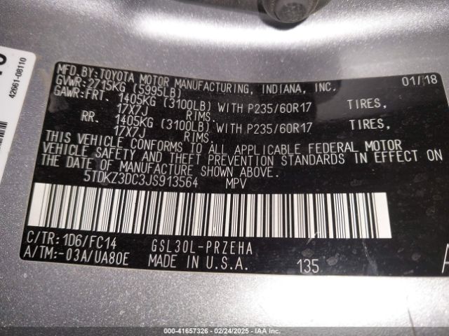 5TDKZ3DC3JS913564 Toyota Sienna Le 8 Passenger