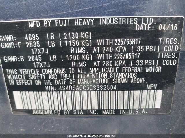 4S4BSACC5G3332504 Subaru Outback 2.5i Premium