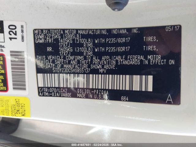 5TDYZ3DC5HS855137 Toyota Sienna Xle 8 Passenger