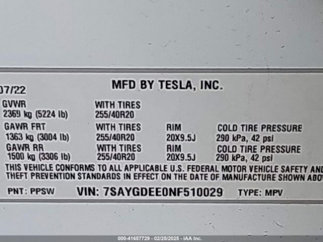 7SAYGDEE0NF510029 Tesla Model Y Long Range Dual Motor All-wheel Drive