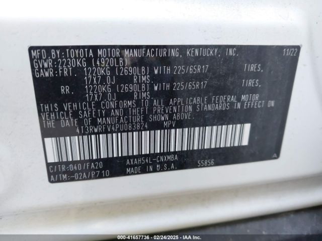 4T3RWRFV4PU083824 Toyota Rav4 Hybrid Xle