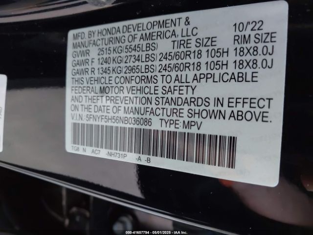 5FNYF5H56NB036086 Honda Pilot 2wd Ex-l