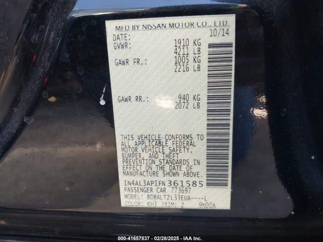 1N4AL3AP1FN361585 Nissan Altima 2.5 Sl