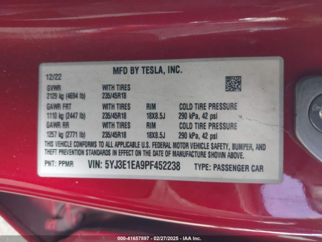5YJ3E1EA9PF452238 Tesla Model 3 Rear-wheel Drive