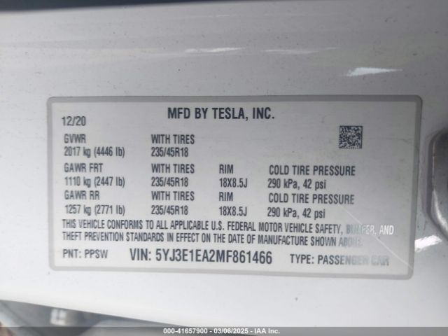 5YJ3E1EA2MF861466 Tesla Model 3 Standard Range Plus Rear-wheel Drive