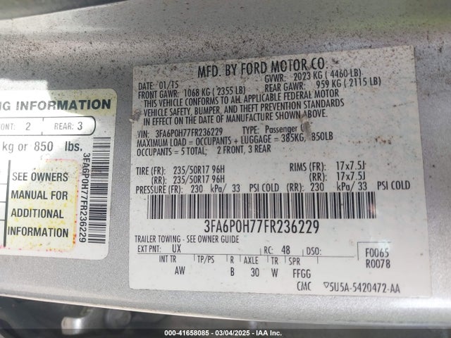 Ford FUSION SE 2015 3FA6P0H77FR236229 Image 9