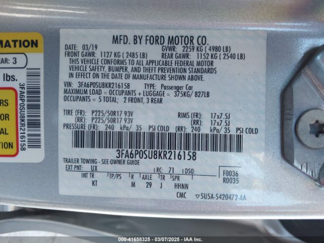 3FA6P0SU8KR216158 Ford Fusion Energi Titanium