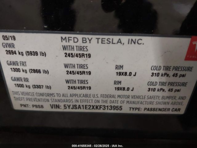 5YJSA1E2XKF313955 Tesla Model S 100d/75d/long Range/standard Range