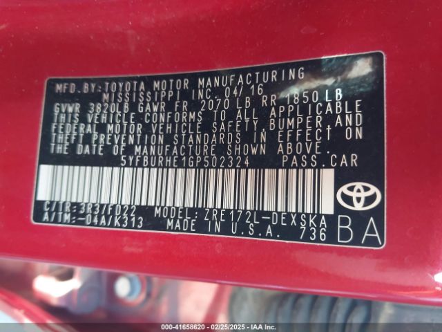 5YFBURHE1GP502324 Toyota Corolla L/le/le Pls/prm/s/s Pls