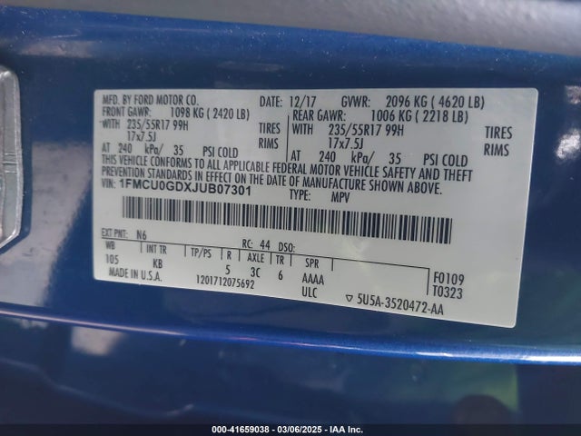 1FMCU0GDXJUB07301 Ford ESCAPE SE