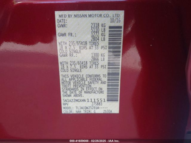 5N1AZ2MGXHN111551 Nissan Murano Platinum/s/sl/sv