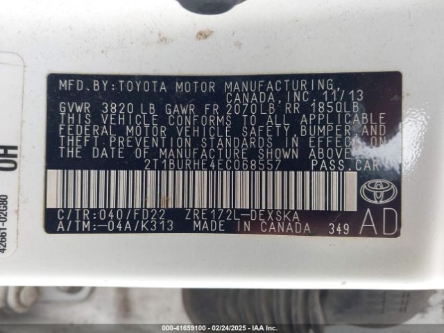 2T1BURHE4EC068557 Toyota Corolla L/le/le Pls/prm/s/s Pls
