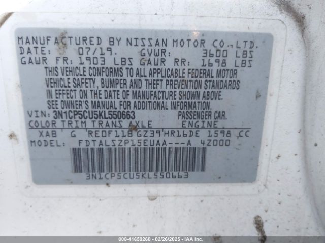 3N1CP5CU5KL550663 Nissan KICKS SV